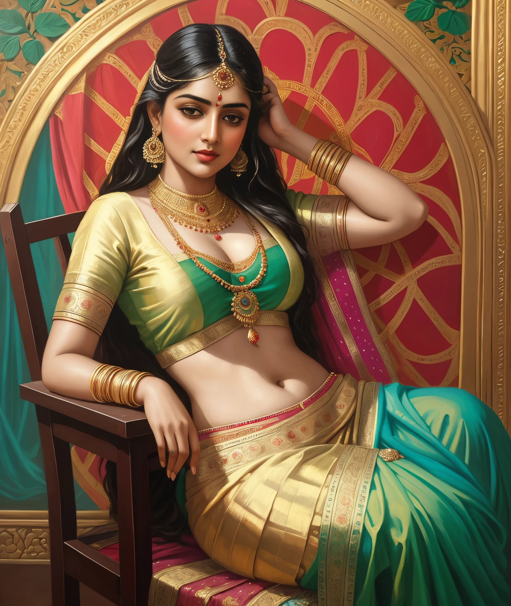 Bathing woman, gorgeous, Masterpiece,8k uhd, hdr, realistic, hyper realistic, intricate, vibrant colour, painting of a woman in a sari sitting on a chair, traditional beauty, inspired by Raja Ravi Varma, indian art, by Raja Ravi Varma, painting of beautiful, inspired by T. K. Padmini, painting of a woman, by Sardar Sobha Singh, gorgeous woman, oil on canvas painting, traditional painting, oil-painting
