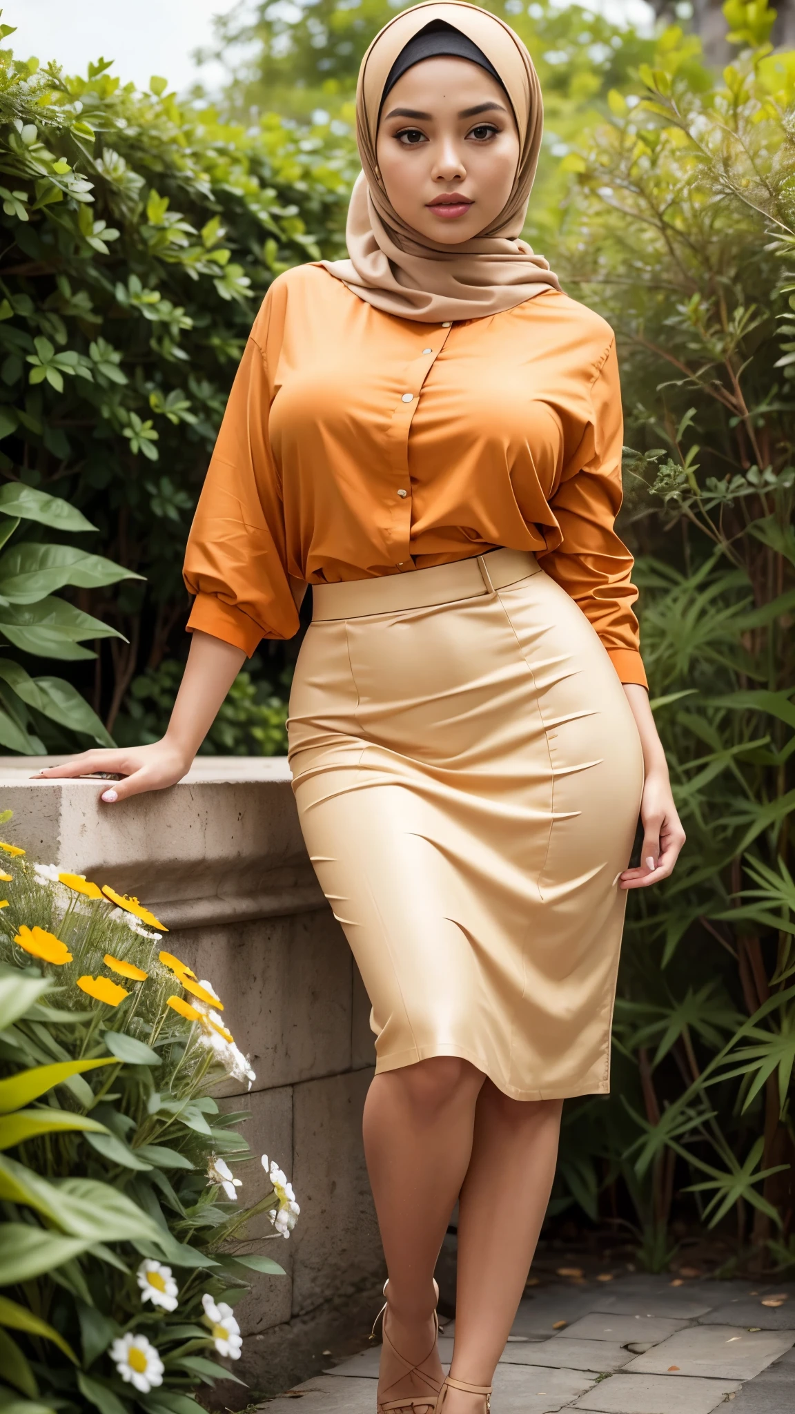 RAW, Best quality, high resolution, masterpiece: 1.3), beautiful Malay woman in hijab :0.8), beautiful face, perfect fit body, big eyes, glossy lips, big breasts, thick thighs, woman in orange blouse and long beige plizkit skirt, modern,very beautiful woman, posing in the garden , beautiful aesthetic, perfect lighting