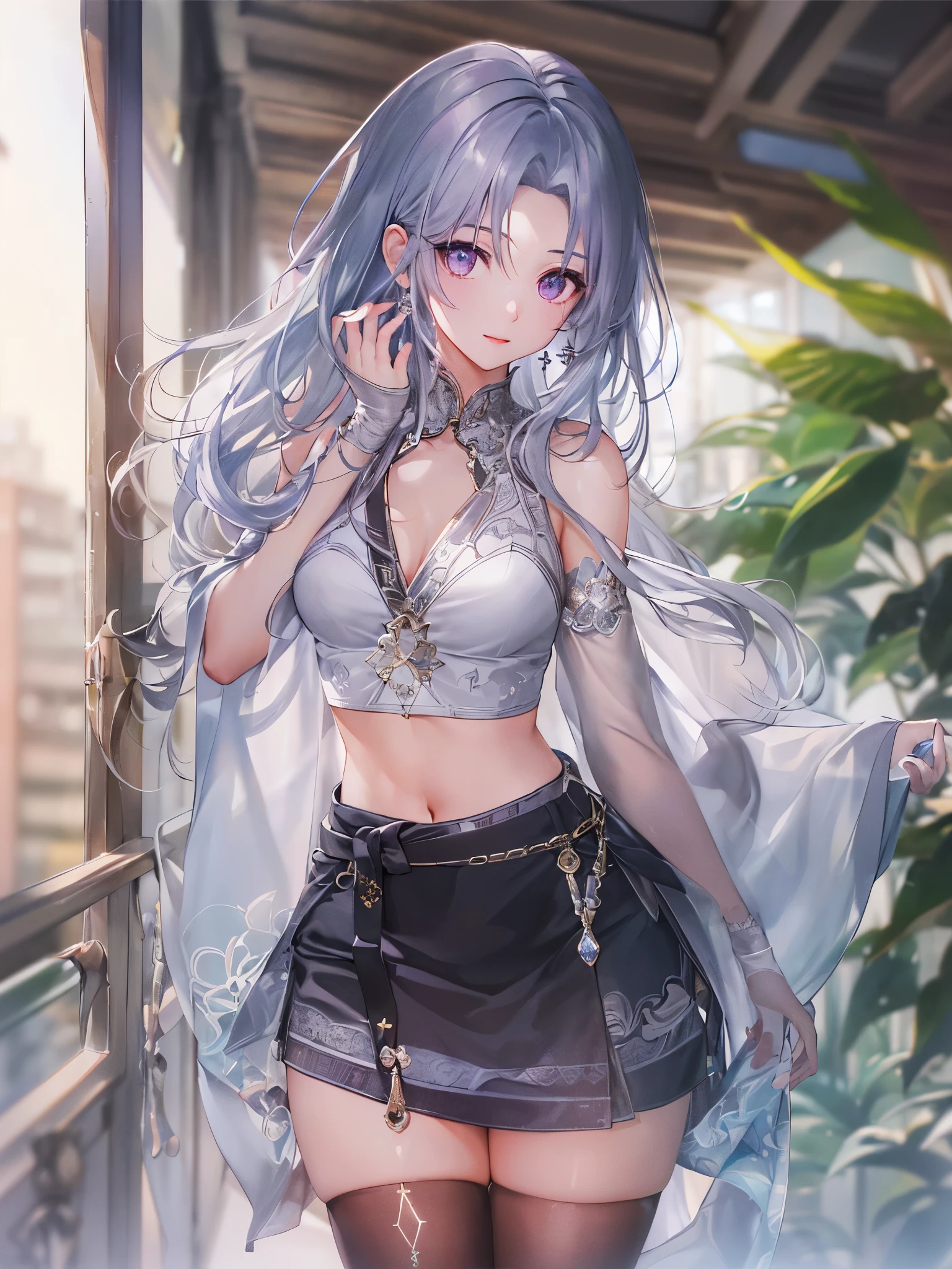 (highest quality:1.4, High resolution:1.4, table top:1.4)、
Beauty、silver hair、Straight Long、purple eyes、light makeup、Slender figure、
、mini skirt、Pants are visible、
Hotel、night