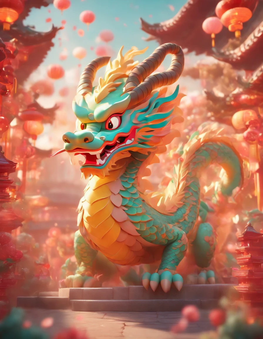 Chinese dragon, cute, 3D, pastels, felt style, macaron tones, wide angle shot, Chinese
architecture in front of the camera, New Year festive background high details, best quality, cinematic lighting effects, 8K --niji 5 --s 1000 --ar 3:4