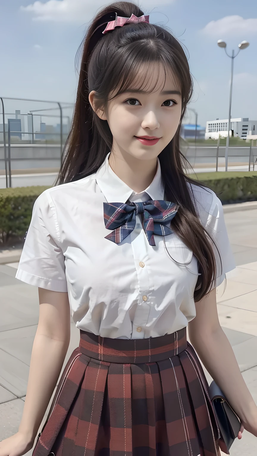 best quality, natural lighting, masterpiece, 1 girl, perfect beautiful face, (photo photo:1.3), edge lighting, photography lighting, (high detail skin:1.2), 8k ultra hd, DSLR, high quality, high resolution, white skin, detailed textured skin, 3/4 body in frame, y posing, cute smile face, perfect propotion face, symetric face, eye level shot, 4k, 8k, bokeh, absurd, best ratio four fingers and one thumb, (realistic:1.3), beautiful detailed girl, cute 1girl, dark-brown hair, long hair, ponytail, bangs, volume hairs, collosal-breull looking breast, ping breast, slim walender, small thighs, perfectly proportion, school rooftop background, detailed background, school rooftop, chain-link fence, fence, building, school, bench, white shirt, plaid bow tie, plaid skirt, thighs in frame, standing, hands behind back, short sleeves, projecting breast