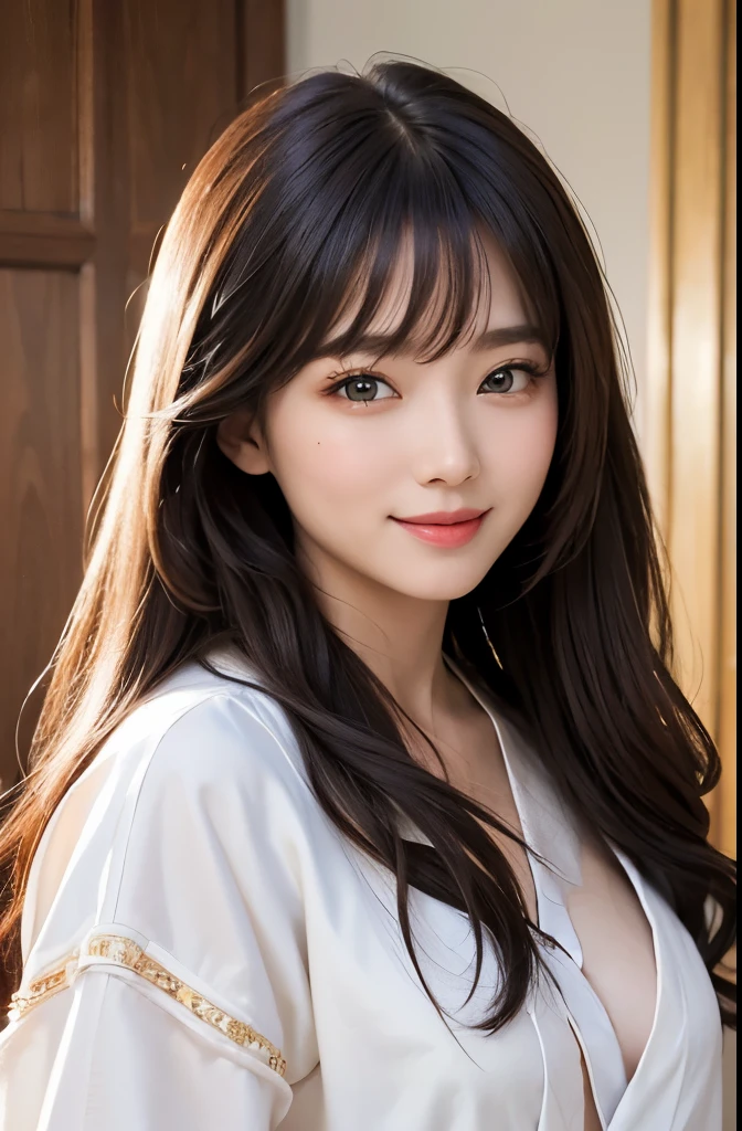 ((muste piece)), ((best quality)), (Super detailed), model-like face、Beautiful woman、double、Silk bathrobe、Hostess、smile