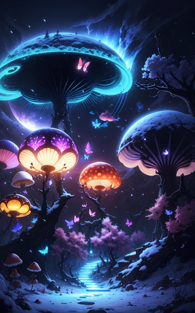 beautiful magic ball,Full of magical energy,bright colors,Snow Forest and Creation Mushrooms,Lights create glowing butterflies,big moon,Blue River,Cherry blossoms,more followers