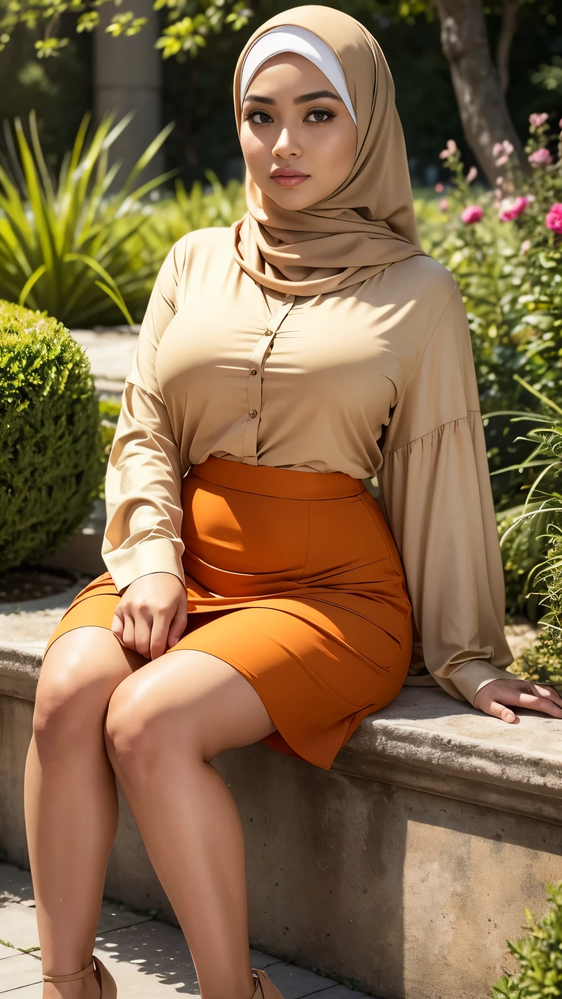 RAW, Best quality, high resolution, masterpiece: 1.3), beautiful Malay woman in hijab :0.8), beautiful face, perfect fit body, big eyes, glossy lips, big breasts, thick thighs, woman in orange blouse and long beige plizkit skirt, modern,very beautiful woman, posing in the garden , beautiful aesthetic, perfect lighting