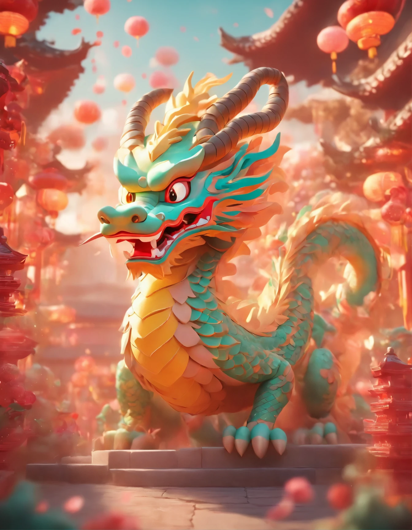 Chinese dragon, cute, 3D, pastels, felt style, macaron tones, wide angle shot, Chinese
architecture in front of the camera, New Year festive background high details, best quality, cinematic lighting effects, 8K --niji 5 --s 1000 --ar 3:4
