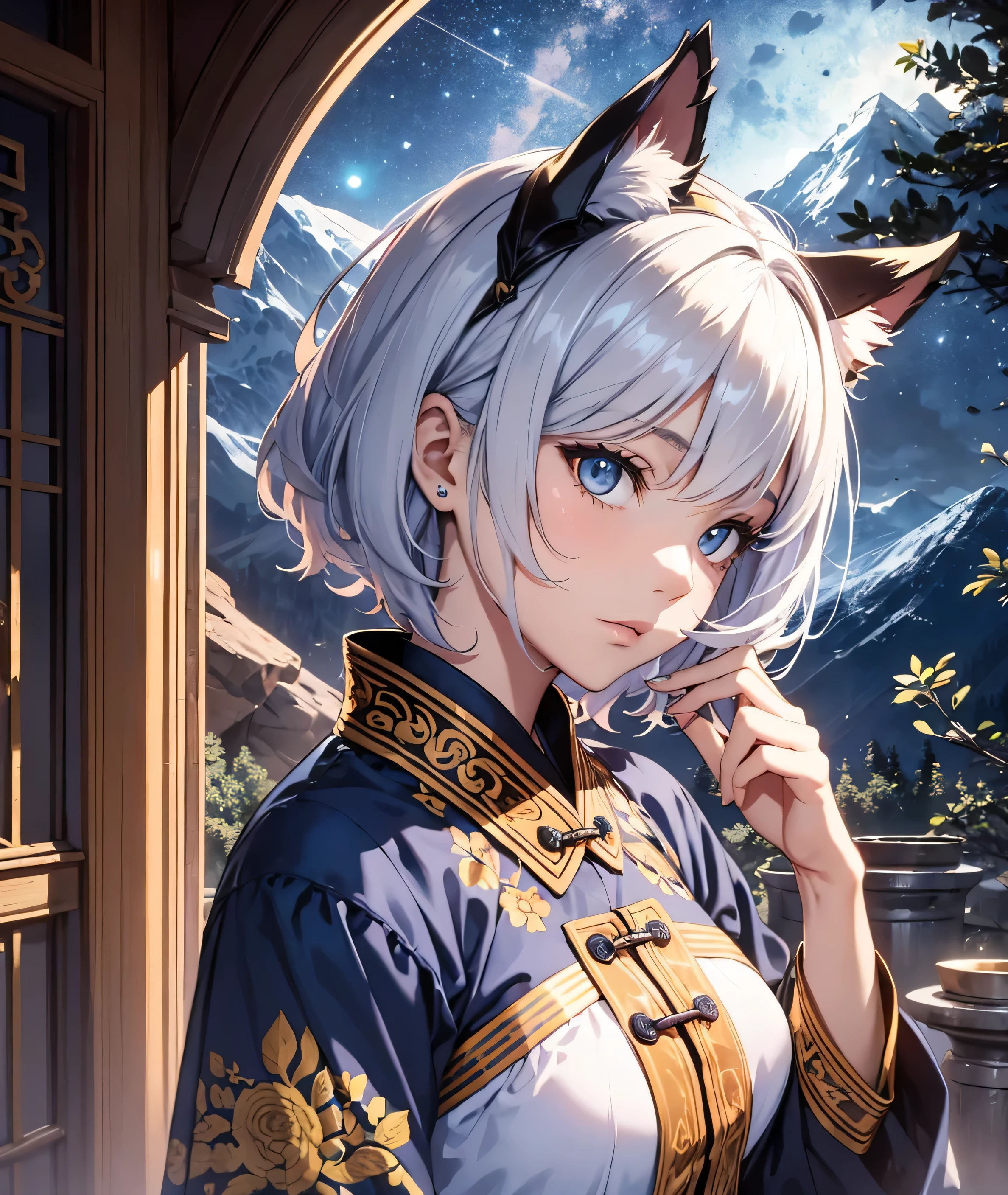 아름다운 디테일 girl, Clear and beautiful character, glowing skin, girl, female, youth, 20 years old,short hair, Traditional Chinese clothing in white and orange, Neat, non-revealing attire, black eye, Moderate breasts, black eye, Full-fledged skin texture, Very nice 8KCG wallpaper, female warrior, Indigo hair, Cat's ears, (((dark, dark 밤, deep night))) ((Sky blue: Dark blue)) (((Natural background, mountain, tree))), soft expression,