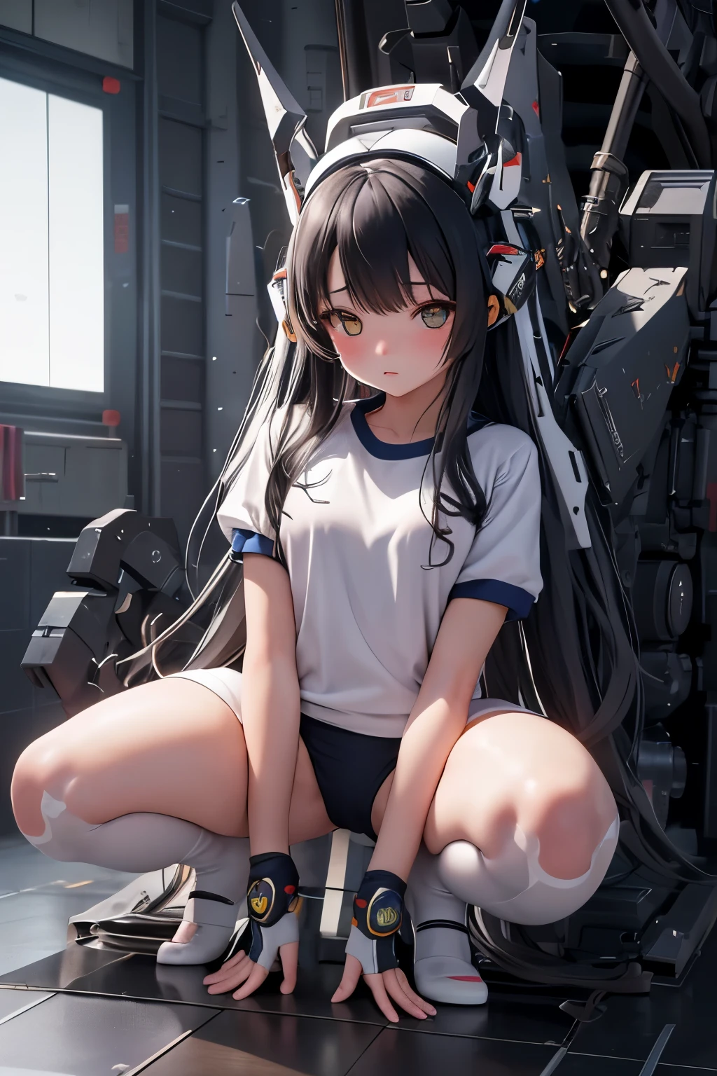 (highest quality)), ((masterpiece)), (very detailed: 1.3), 3D, {(1 young girl)}, (wear navy buruma and white gym uniform with colored hem under armor:1.3), (black hair:1.5), (She is fused with futuristic Gundam mecha:1.3), with headgear, with v-fin , armored shoulders,armored under arms, armored under legs, short sleeve, attached 2 huge weapons on back, legs mounted weapon module, camel toe, multilayer textureperfect proportions, octane rendering, duotone lighting, Low ISO, wide aperture, White balance, Rule of thirds, ultra HD16k, HDR (High Dynamic Range), Ray Tracing, NVIDIA RTX, Super Resolution, Subsurface Scattering, PBR Texturing, Post Processing, Anisotropic Filtering, Depth of Field, Maximum Clarity and Clarity, High efficiency subpixel, subpixel convolution, particles of light, light scattered, Tyndall effect, full body:1.5, (face-off sex position:1,1, open legs), , cute, (cute:1.2), (long hair:1.3),太い眉毛, 薄い色の虹彩, 大きくて輝いている黒い瞳, 長いまつげ, 小さく薄い色の自然な唇, (Average face of Japanese idols), (日本人特有の童顔:1.3), (), 広いおでこ:1.2, ふっくらした頬, 小さな顎, in the hangar,looking at viewer,Focus on the eyes , (完璧な4本の指, 親指1本),
