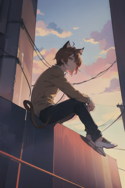 (guy sitting on a wire fence) perspective, low angle, painterly anime, high definition, hand-drawn, soft lighting, pretty colors, dusk lighting, dramatic coloring, wire fence, reddish brown hair, cat ears, city aesthetic