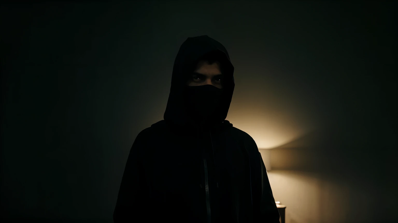 man with hood full body in apartment dark ambient