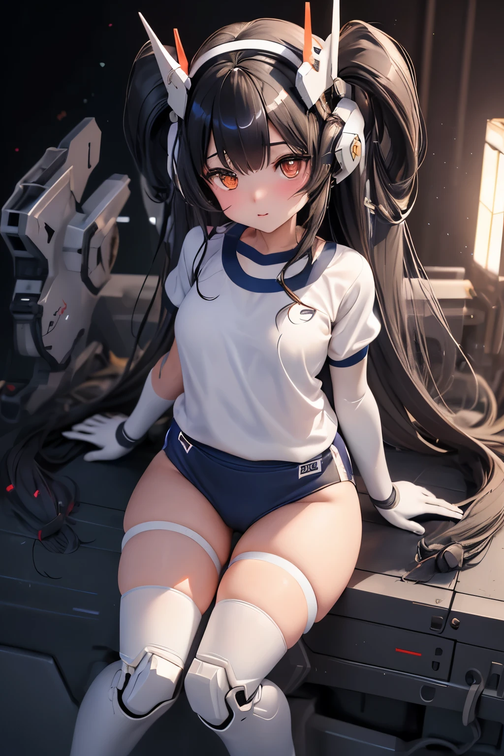 (highest quality)), ((masterpiece)), (very detailed: 1.3), 3D, {(ung girl)}, (wear navy buruma and white gym uniform with colored hem under armor:1.3), (black hair:1.5), (She is fused with futuristic Gundam mecha:1.3), with headgear, with v-fin , armored shoulders,armored under arms, armored under legs, short sleeve, attached 2 huge weapons on back, legs mounted weapon module, camel toe, multilayer textureperfect proportions, octane rendering, duotone lighting, Low ISO, wide aperture, White balance, Rule of thirds, ultra HD16k, HDR (High Dynamic Range), Ray Tracing, NVIDIA RTX, Super Resolution, Subsurface Scattering, PBR Texturing, Post Processing, Anisotropic Filtering, Depth of Field, Maximum Clarity and Clarity, High efficiency subpixel, subpixel convolution, particles of light, light scattered, Tyndall effect, full body:1.5, (Cowgirl sex position:1.2), , cute, (cute:1.2), (long hair:1.3),太い眉毛, 薄い色の虹彩, 大きくて輝いている黒い瞳, 長いまつげ, 小さく薄い色の自然な唇, (Average face of Japanese idols), (日本人特有の童顔:1.3), (baby face), 広いおでこ:1.2, ふっくらした頬, 小さな顎, in the hangar,looking at viewer,Focus on the eyes , (完璧な4本の指, 親指1本),