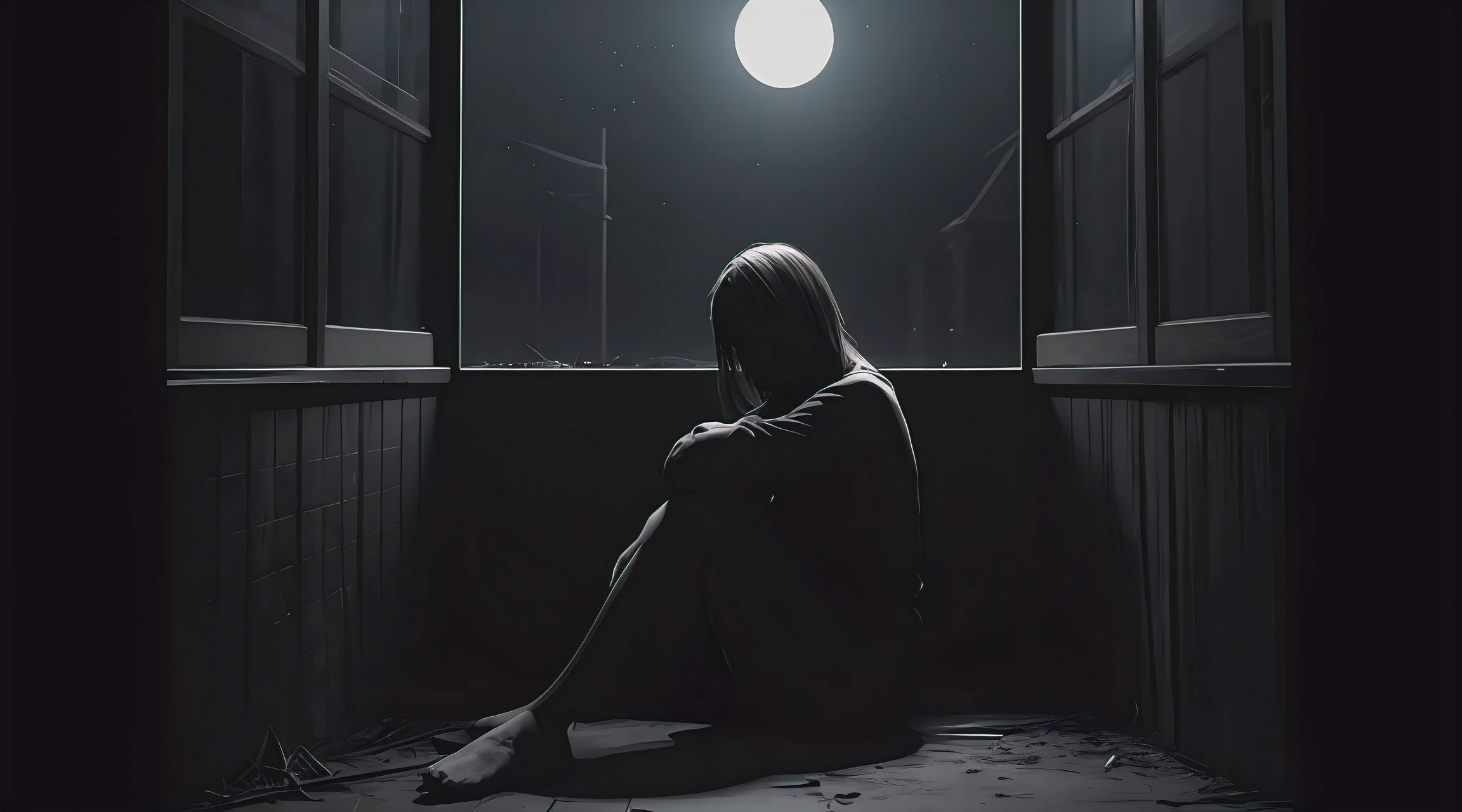 wide angle, full body, sitting pose at the corner, large breasts, liminal space, eerie, unsettling, very low light, dark hour