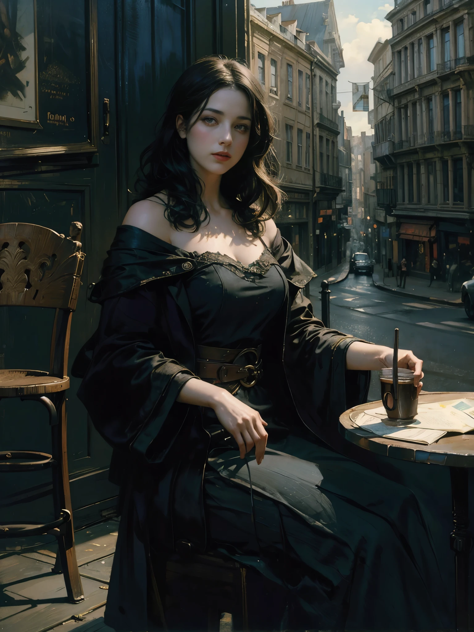 painting of woman, with influence of Jeremy Mann, Jeremy Mann, style of Jeremy Mann, Jeremy Mann painting, Jeremy Mann art, Ron Hicks, Liepke, Jeremy Mann and alphonse mucha, Works that influenced Edmund Blampid, robert lenkiewicz, Casey Baugh and James Jean, Works that influenced Willem Kalf, Nick Alm, tumbler, figurative art, Intense watercolor painting, watercolor detailed art,Beautiful and expressive paintings, Beautiful artwork illustration, wonderful, cool beauty, highest quality, official art, perfect composition,perfect angle, best shot, female solo, sharp outline, melancholy, nostalgia, nostalgia,Eyes without pupils, color eye, ideal anima, In search of lost time, marcel proust, sentimental, Full body Esbian, The vague boundary between past and present, recall, Outdoors, Paris in the first half of the 20th century, Montmartre, mysterious, mysterious, At a street corner cafe