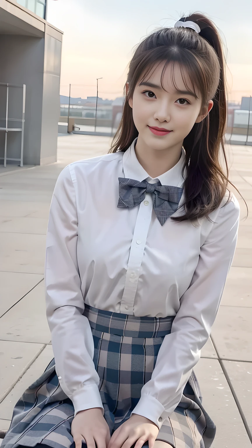 best quality, natural lighting, masterpiece, 1 girl, perfect beautiful face, (photo photo:1.3), edge lighting, photography lighting, (high detail skin:1.2), 8k ultra hd, DSLR, high quality, high resolution, white skin, detailed textured skin, 3/4 body in frame, sexy posing, cute smile face, perfect propotion face, symetric face, eye level shot, 4k, 8k, bokeh, absurd, best ratio four fingers and one thumb, (realistic:1.3), beautiful detailed girl, cute 1girl, dark-brown hair, long hair, ponytail, bangs, volume hairs, collosal-breast, full looking breast, projecting breast, slim waist, slender, small thighs, perfectly proportion, school rooftop background, detailed background, school rooftop, chain-link fence, fence, building, school, bench, white shirt, plaid bow tie, plaid skirt, thighs in frame, standing, hands behind back, long sleeves, projecting breast, sit