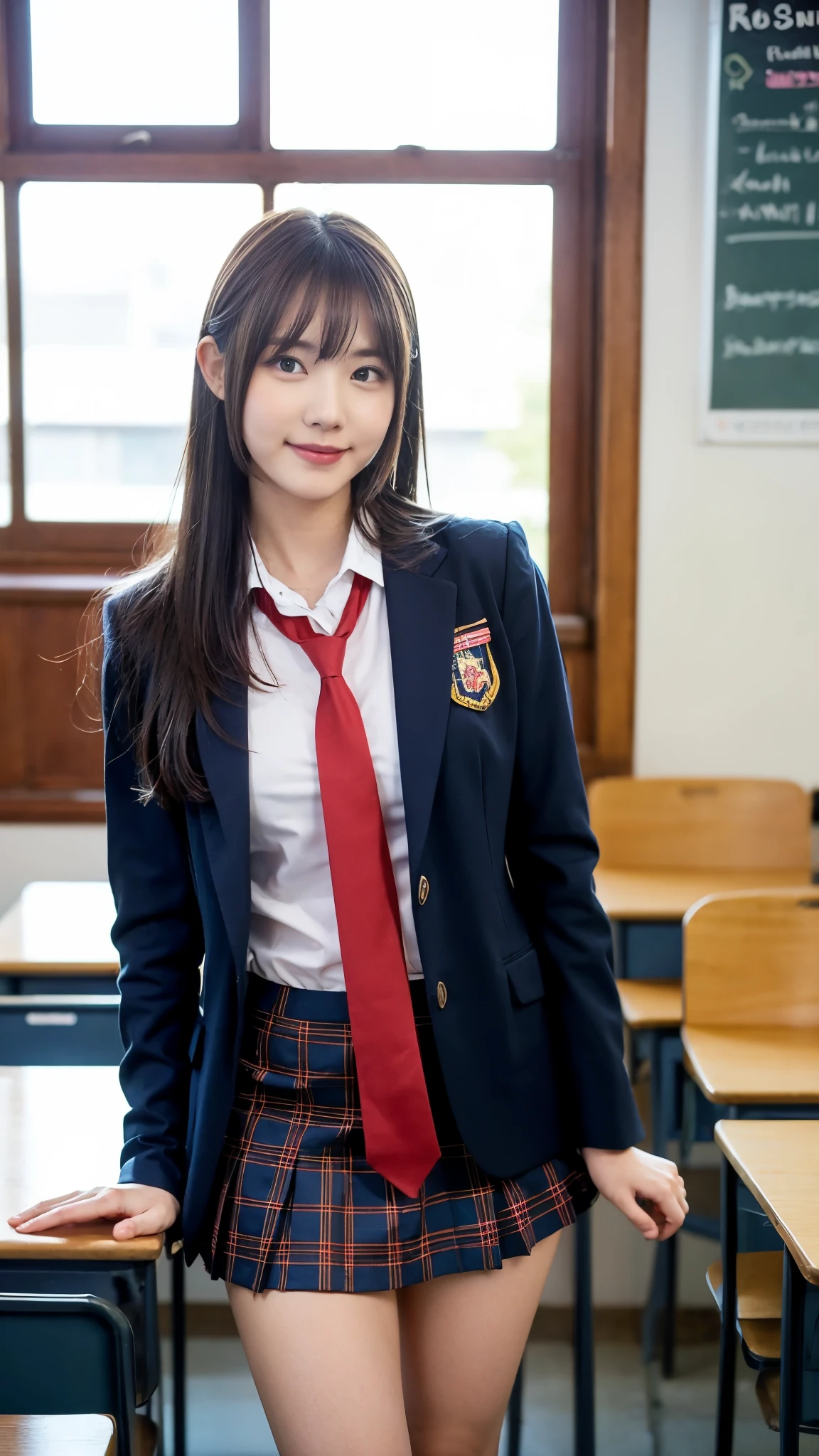 Girl Standing In School Classroom,Red Tie Uniform,Dark Blue Closed Blazer,Blue plaid skirt,18-year-old,bangs,a little smile,thighs,knees,from below，random pose，pretty girl，slender girl，