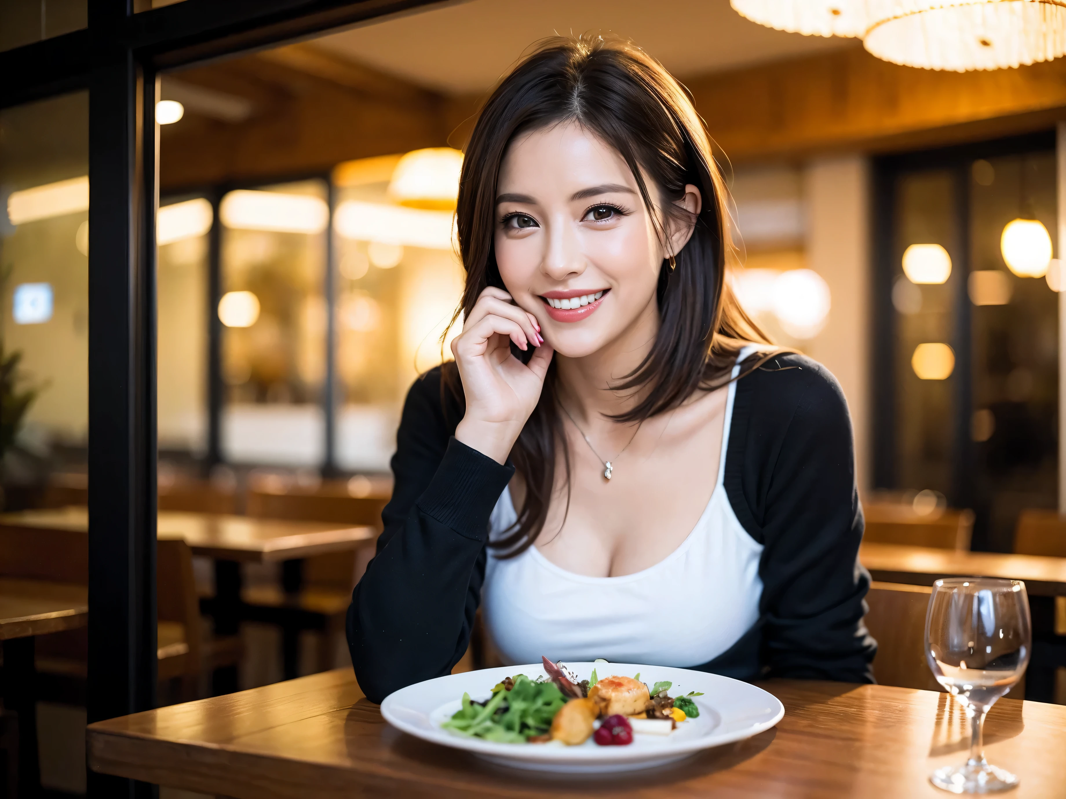 64k, UHD, highest quality, masterpiece: 1.2), (realistic, photorealistic: 1.37), Super detailed, slimな美女3名, (slimフェイス),Happy、 最高なsmile、Fox Face、Berry Short、(because I'thin), (brown hair), (shortcut), long sleeve shirt、winter fashion、Colombia、Brazilian、Japanese、Dutch、German、Portuguese、Belgian、Italian、french,champagne、Sparkling wine、 (gush), (slimボティ), (brown hair), (shortcut), Neat beauty、cheeks blush a little, (35 years old), 38 years old, alone, A beautiful and detailed night view spreads out outside the window..., restaurant, wine glassが座っている, At night, in a prominent place (from the Upper body) nova frog style, actress, model, Upper body, White wine, slim, wine glass, very beautiful night view, wine glass Put in the Middle, Happy smile, (smile: 1.15),
