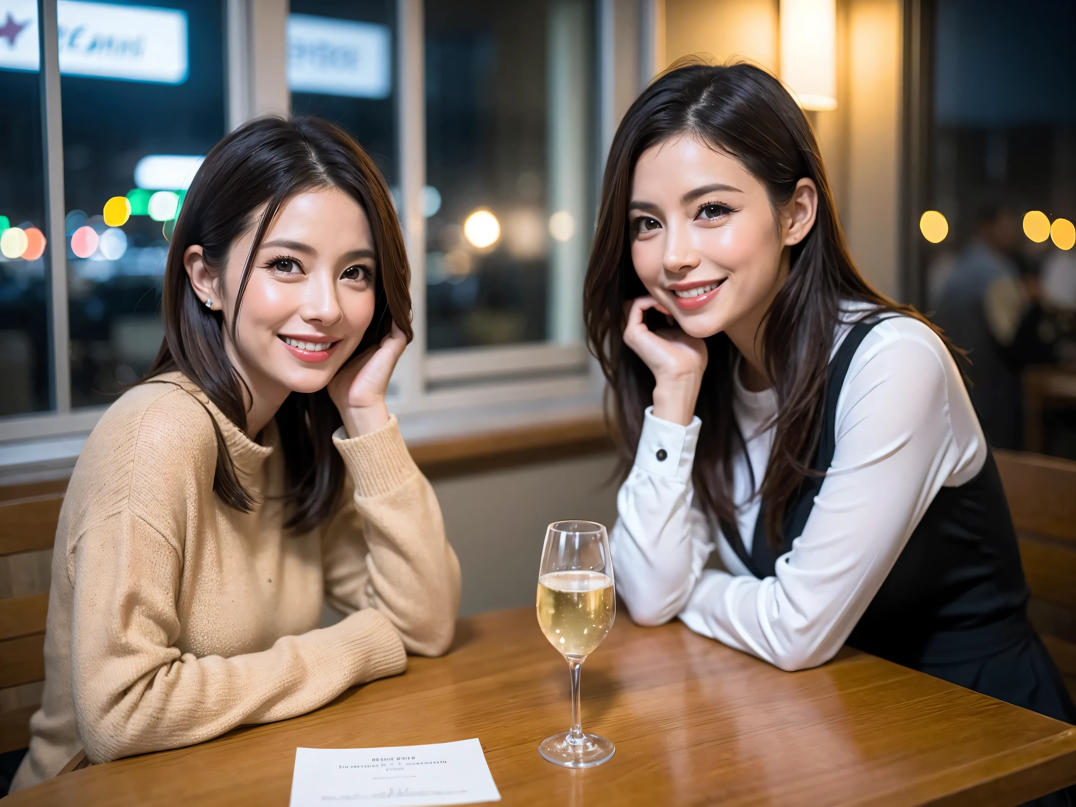 64k, UHD, highest quality, masterpiece: 1.2), (realistic, photorealistic: 1.37), Super detailed, slimな美女3名, (slimフェイス),Happy、 最高なsmile、Fox Face、Berry Short、(because I&#39;thin), (brown hair), (shortcut), long sleeve shirt、winter fashion、Colombia、Brazilian、Japanese、Dutch、German、Portuguese、Belgian、Italian、french,champagne、Sparkling wine、 (gush), (slimボティ), (brown hair), (shortcut), Neat beauty、cheeks blush a little, (35 years old), 38 years old, alone, A beautiful and detailed night view spreads out outside the window..., restaurant, wine glassが座っている, At night, in a prominent place (from the Upper body) nova frog style, actress, model, Upper body, White wine, slim, wine glass, very beautiful night view, wine glass Put in the Middle, Happy smile, (smile: 1.15), 