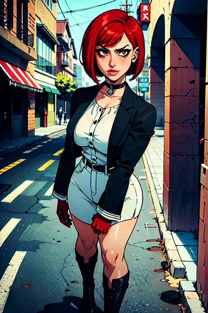 a sukeban girl in the art style of persona5 and in the art style of street of rage 4, delinquent, (sukeban), mature_female, blush, mature, older woman, 25 years old, Sukeban teacher outfit, ((((1girl, solo female, solo, solo focus:1,9)))++++, choker, sukeban teacher, sukeban fighter, long_sleeves, open jacket, blue jacket,( jean)+++, light skin tone female, (full body)+++++, jacket, biker jacket, tape, arm_support, gloves, red_gloves, bridal gauntlets, nail polish, boots, black_footwear, fighter outfit, (full body)+++++++, hourglass, mature face, cheeky smile, cheeky face, wrinkles, (((((red hair, short hair, bob cut, earrings, ear piercings)))), red eyeighting art, Martial arts, standing, fighting_stance, fight, fighting), extra colors, 2D, megapixel, perfectionism, accent lighting, full HD , (Masterpiece:1.2), (full-body-shot:1),(cowboy shot:1.2), (Highly detailed:1.2),(anime Detailed Face:1.2), Colorful, A detailed eye, (Detailed landscape:1.2), (natural lighting:1.2), ((sukeban school teacher)) by Vincent Di Fate: Aidyllery, Anamorphic Shot, rule of thirds, face by Artgerm and WLOP, ((street of rage 4 city backround)), fictive city backround in the style art of street of rage 4,