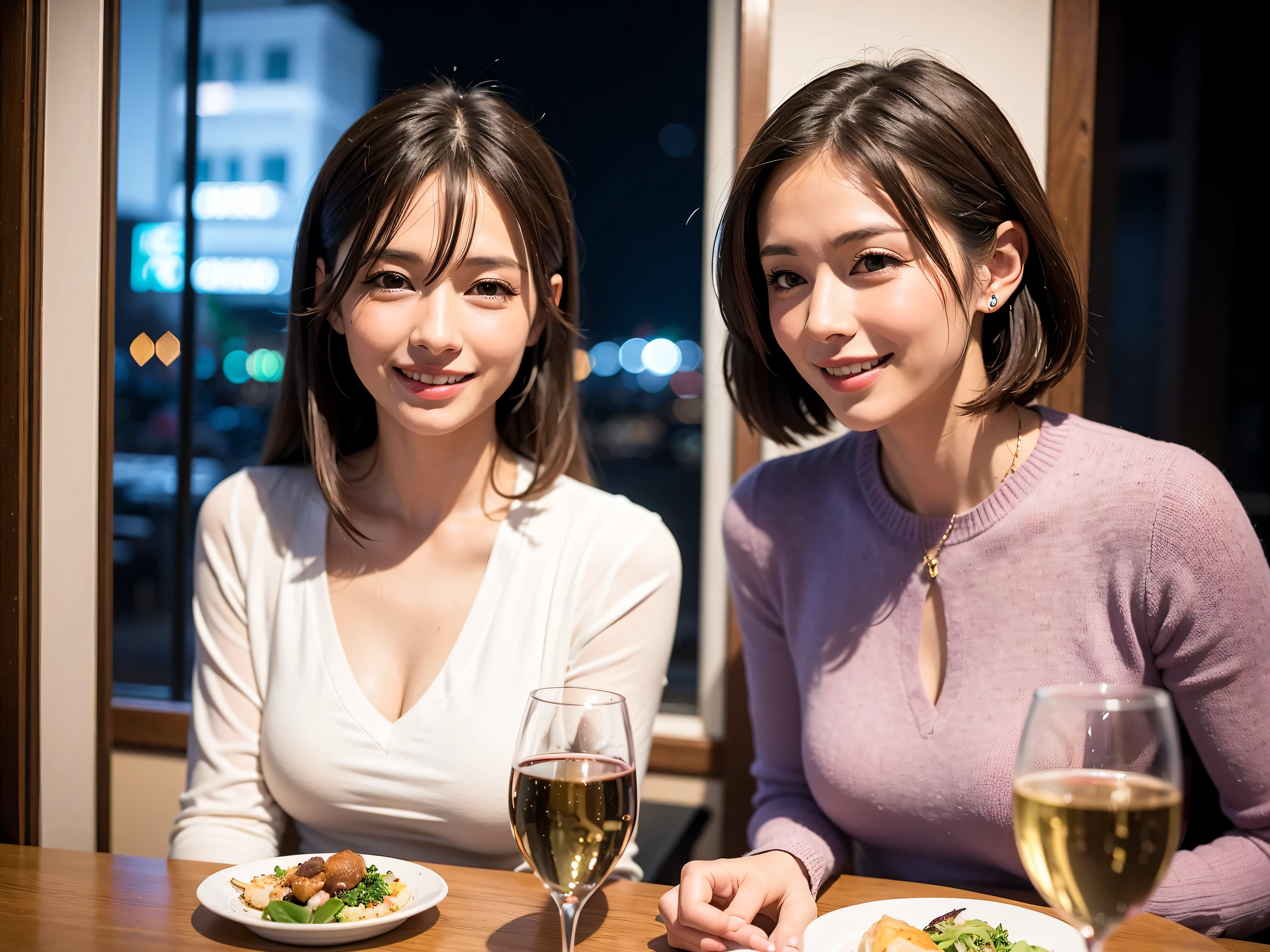 64k, UHD, highest quality, masterpiece: 1.2), (realistic, photorealistic: 1.37), Super detailed, slimな美女3名, (slimフェイス),Happy、 最高なsmile、Fox Face、Berry Short、(because I&#39;thin), (brown hair), (shortcut), long sleeve shirt、winter fashion、Colombia、Brazilian、Japanese、Dutch、German、Portuguese、Belgian、Italian、french,champagne、Sparkling wine、 (gush), (slimボティ), (brown hair), (shortcut), Neat beauty、cheeks blush a little, (35 years old), 38 years old, alone, A beautiful and detailed night view spreads out outside the window..., restaurant, wine glassが座っている, At night, in a prominent place (from the Upper body) nova frog style, actress, model, Upper body, White wine, slim, wine glass, very beautiful night view, wine glass Put in the Middle, Happy smile, (smile: 1.15), 