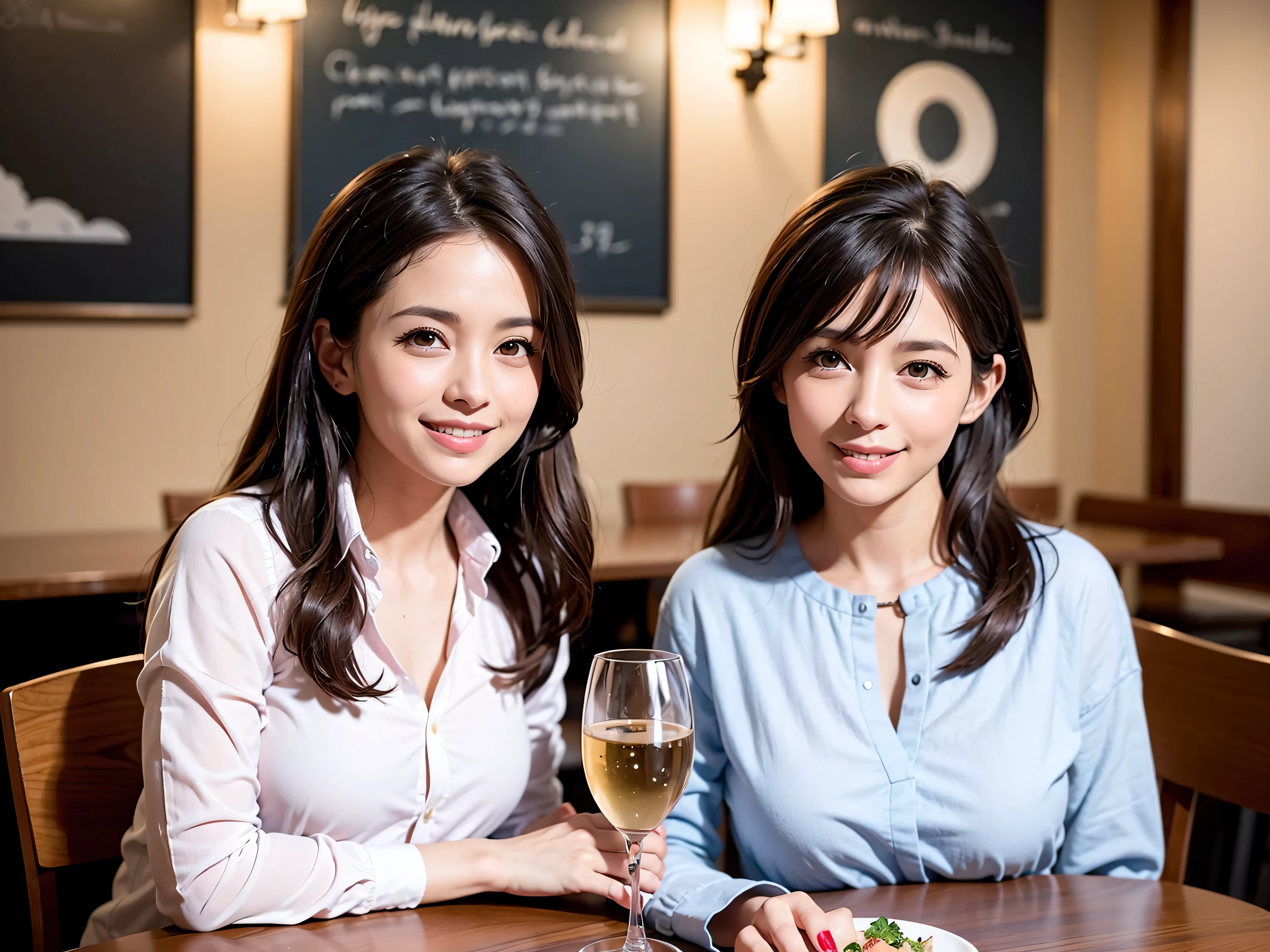 64k, UHD, highest quality, masterpiece: 1.2), (realistic, photorealistic: 1.37), Super detailed, slimな美女3名, (slimフェイス),Happy、 最高なsmile、Fox Face、Berry Short、(because I'thin), (brown hair), (shortcut), long sleeve shirt、winter fashion、Colombia、Brazilian、Japanese、Dutch、German、Portuguese、Belgian、Italian、french,champagne、Sparkling wine、 (gush), (slimボティ), (brown hair), (shortcut), Neat beauty、cheeks blush a little, (35 years old), 38 years old, alone, A beautiful and detailed night view spreads out outside the window..., restaurant, wine glassが座っている, At night, in a prominent place (from the Upper body) nova frog style, actress, model, Upper body, White wine, slim, wine glass, very beautiful night view, wine glass Put in the Middle, Happy smile, (smile: 1.15),
