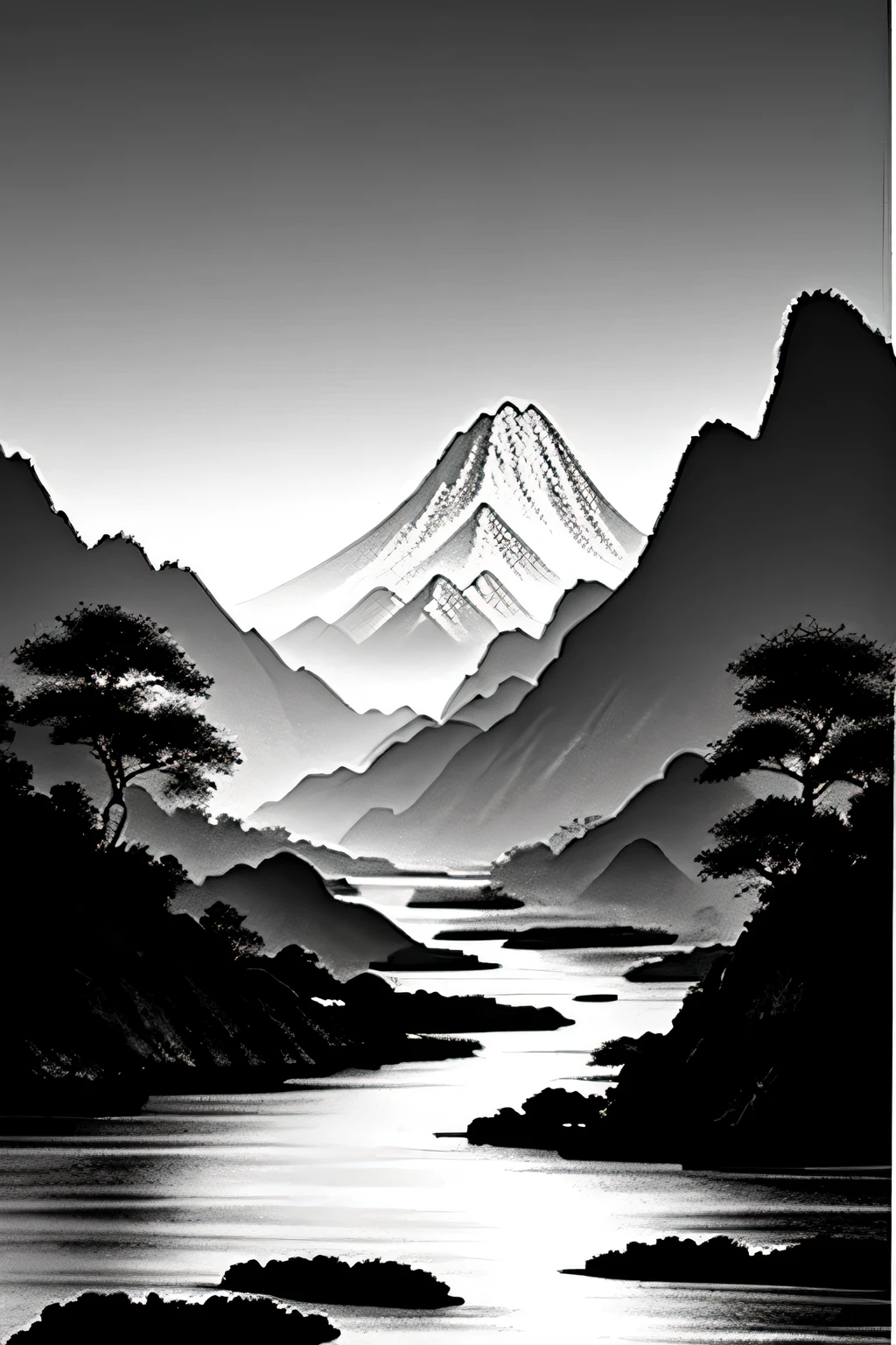 chinese black and white painting rivers and mountains, white background