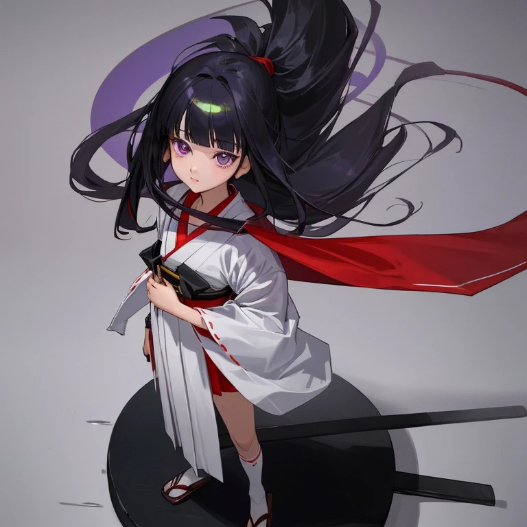 {{{{amazing quality, great quality, high quality, very aesthetic, aesthetic, best quality}}}},
realistic, photo, shadow, Three-dimensional, absurdres, Digital art,
{{{{Magical girl}}}}, beautiful girl, one girl, 13 years old,
black hair, long hair, straight hair, trimmed hair, shiny hair, blunt bangs, short sideburns,
purple eyes, {{big eyes}}, {{round eyes}}, tareme,
{{flat chest}}, {{small breasts}}, {{detailed body}}, slim thighs, thin thighs,
{mini white Japanese shrine maiden clothes}, {red mini hakama}, {red collar}, very long black scarf,
black fingerless gloves, black elbow gloves, black knee socks, black geta for women, black machete,
{{magic circle}},