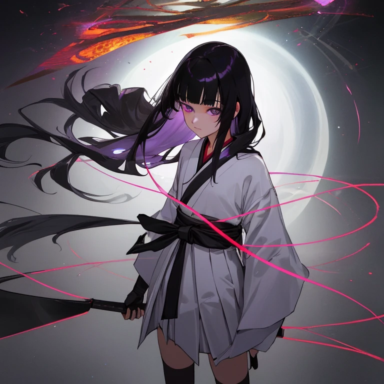 {{{{amazing quality, great quality, high quality, very aesthetic, aesthetic, best quality}}}},
realistic, photo, shadow, Three-dimensional, absurdres, Digital art,
{{{{Magical girl}}}}, beautiful girl, one girl, 13 years old,
black hair, long hair, straight hair, trimmed hair, shiny hair, blunt bangs, short sideburns,
purple eyes, {{big eyes}}, {{round eyes}}, tareme,
{{flat chest}}, {{small breasts}}, {{detailed body}}, slim thighs, thin thighs,
{mini white Japanese shrine maiden clothes}, {red mini hakama}, {red collar}, very long black scarf,
black fingerless gloves, black elbow gloves, black knee socks, black geta for women, black machete,
{{magic circle}},