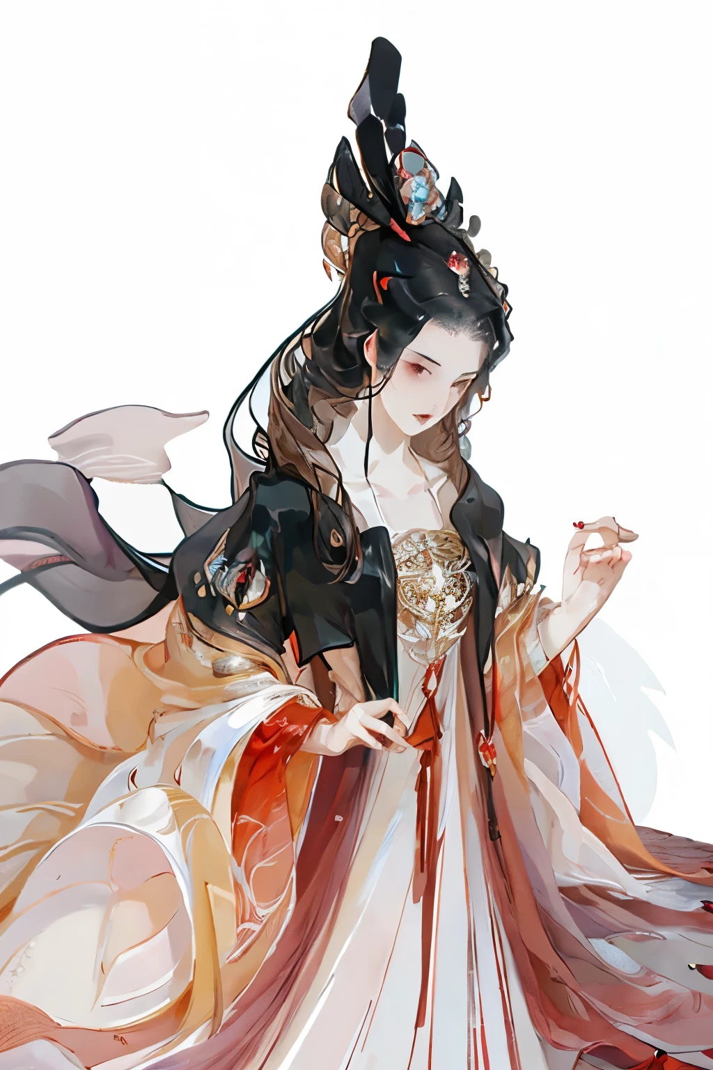 poker face,,(dark fantasy),((Wonderful illustrations)),(Details shine), long black hair, red pupils, girl, solid black dress, collar only, The cuffs and skirt are dark red, There is a red butterfly hairpin in her ear., masterpiece, best quality, high quality, scarf,, Red and black crystal necklace,