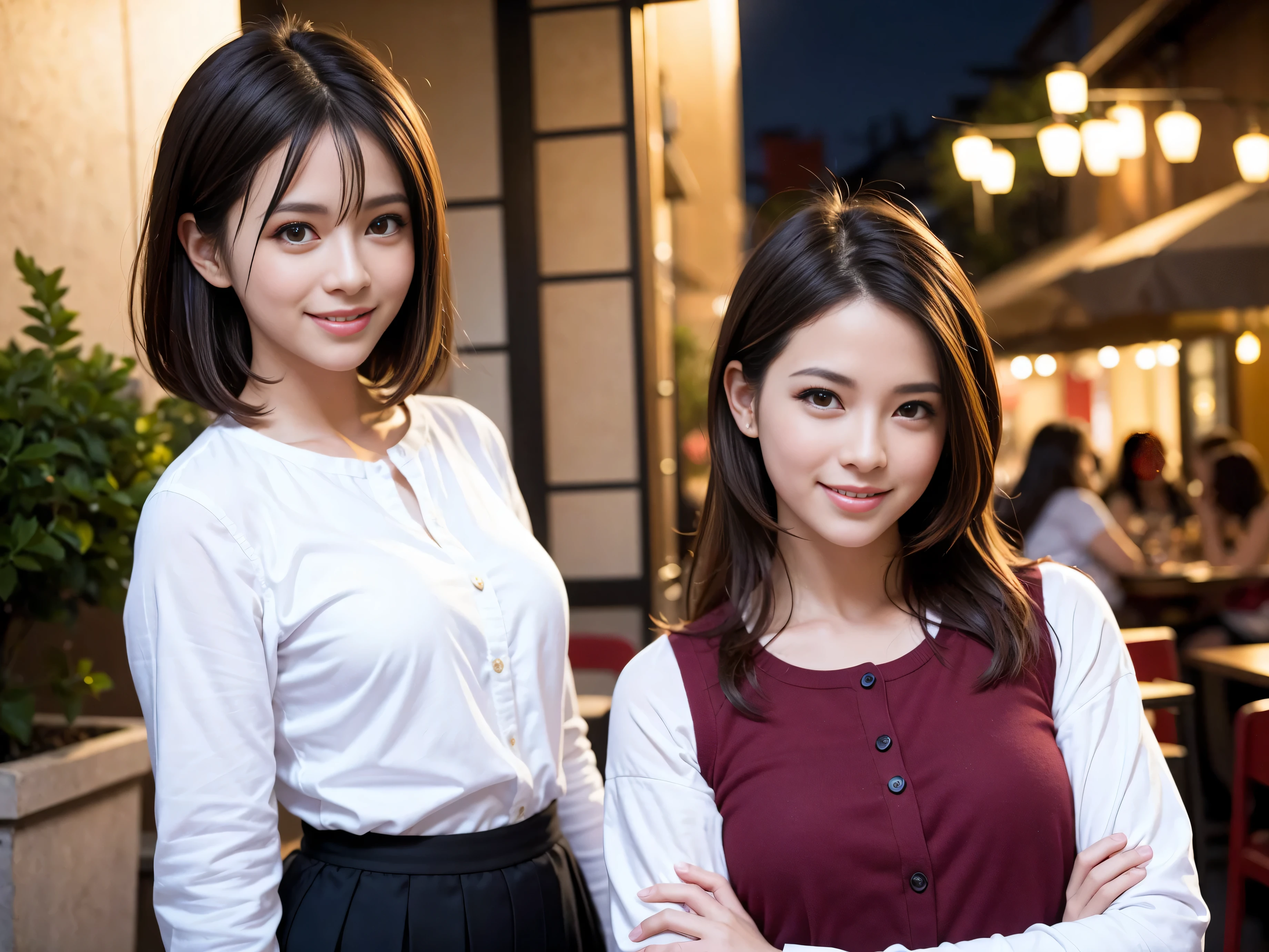 64k, UHD, highest quality, masterpiece: 1.2), (realistic, photorealistic: 1.37), Super detailed, slimな美女3名, (slimフェイス),Happy、 最高なsmile、Fox Face、Berry Short、(because I'thin), (brown hair), (shortcut), long sleeve shirt、winter fashion、Colombia、Brazilian、Japanese、Dutch、German、Portuguese、Belgian、Italian、french,champagne、Sparkling wine、 (gush), (slimボティ), (brown hair), (shortcut), Neat beauty、cheeks blush a little, (35 years old), 38 years old, alone, A beautiful and detailed night view spreads out outside the window..., restaurant, wine glassが座っている, At night, in a prominent place (from the Upper body) nova frog style, actress, model, Upper body, White wine, slim, wine glass, very beautiful night view, wine glass Put in the Middle, Happy smile, (smile: 1.15),