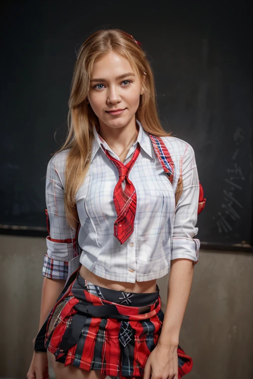 Best quality,Ultra-detailed,finedetail,A high resolution,8K,((Photorealsitic:1.4,RAW photography,A high resolution,Top image quality:1.4)), Best quality、 ultra - detailed、A high resolution、8K wallpapers、Perfect dynamic composition, blonde hair, woman, 16 years old, tiny breasts, skinny arms, slim body, skinny girl, skinny hips, freckles, narrow torso, slim torso, Beautiful detailed eyes、 Blue blazer, (Student clothes), (white shirt), (red necktie), ((red plaid school skirt:1.5)), a beauty girl,(High school students), blond hair, (The blonde), Cover your left eye with your hair, smile,sitted,Full body like,stocklings