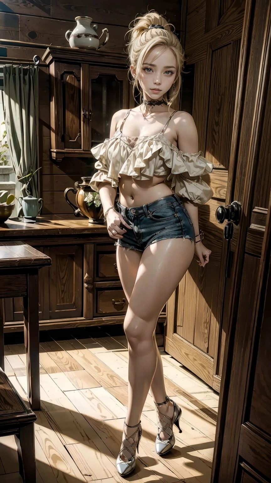 22 year old white female、hair color is blonde、eye color is blue、long hair、setting hair、Have a ponytail、accessories on wrist、I&#39;m wearing a choker、skin is smooth、smile、Slender but muscular body、My heart is pounding、high resolution、Skin is shiny、Wearing a lace off-shoulder top、I'm wearing pants、I&#39;m wearing pumps、In front of Horizont in the photo studio、Flowers are arranged in a vase on a narrow medieval table.