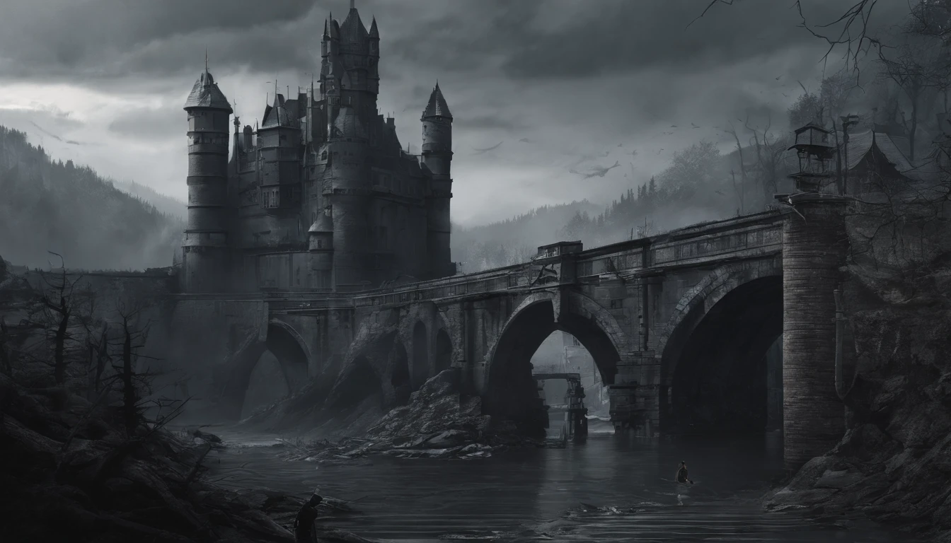 majestic devil's castle,There is a bridge in front of the castle,Two demons guard the bridge.