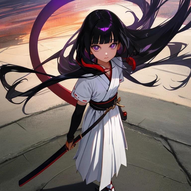 {{{{amazing quality, great quality, high quality, very aesthetic, aesthetic, best quality}}}}, 
realistic, photo, shadow, Three-dimensional, absurdres, Digital art, 
{{{{Magical girl}}}}, beautiful girl, one girl, 13 years old, 
black hair, long hair, straight hair, trimmed hair, shiny hair, blunt bangs, short sideburns, 
purple eyes, {{big eyes}}, {{round eyes}}, tareme, 
{{flat chest}}, {{small breasts}}, {{detailed body}}, slim thighs, thin thighs, 
{mini white Japanese shrine maiden clothes}, {red mini hakama}, {red collar}, very long black scarf, 
black fingerless gloves, black elbow gloves, black knee socks, black geta for women, black machete, 
{{magic circle}}, 