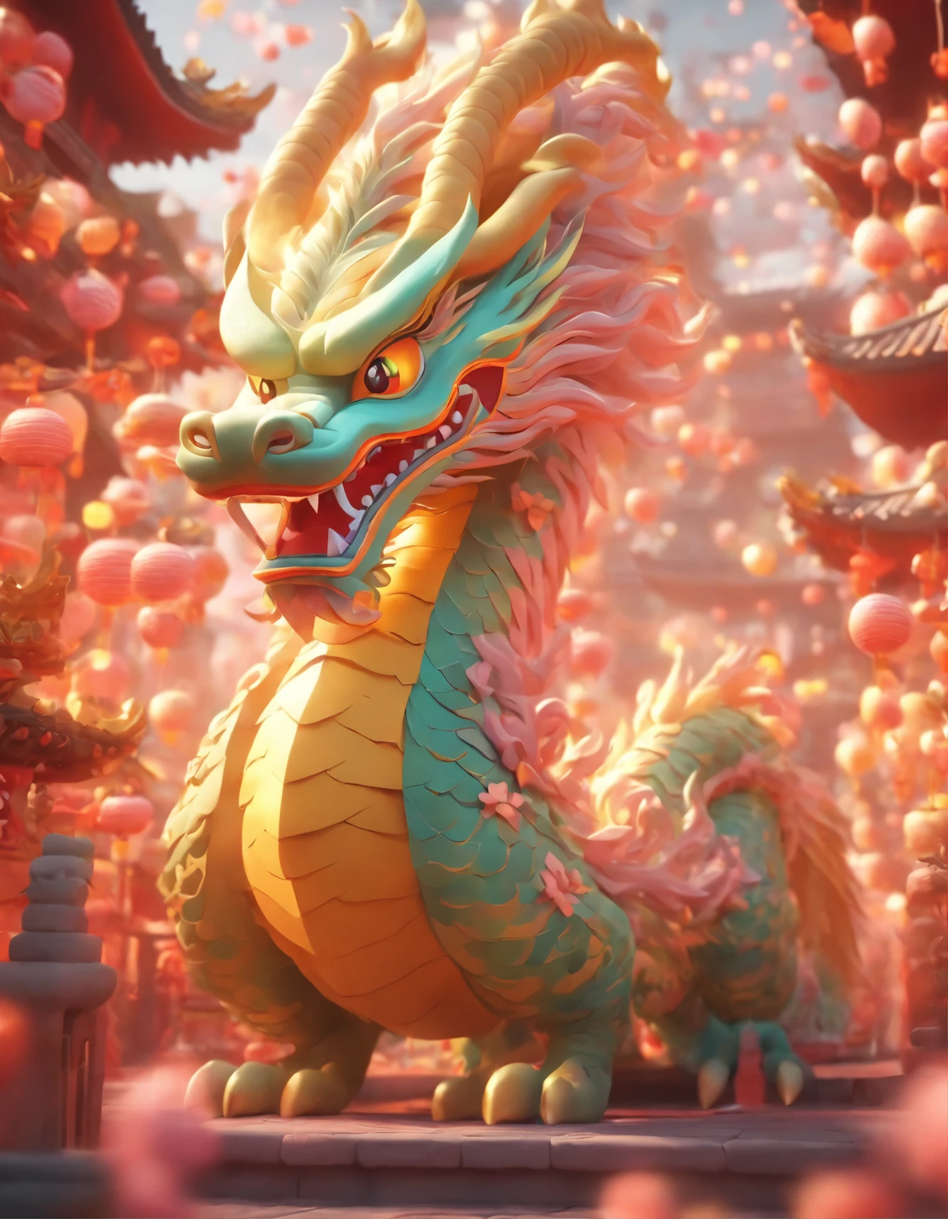 Chinese dragon, cute, 3D, pastels, felt style, macaron tones, wide angle shot, Chinese
architecture in front of the camera, New Year festive background high details, best quality, cinematic lighting effects, 8K --niji 5 --s 1000 --ar 3:4