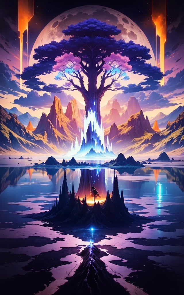 Something went wrong. Please reload the challenge to try again.a landscape painting of beautiful island,big tree,moon,reality infused with dreams,a blue lake lay down the bottom of mountains,blue grass surounding the lake,vary,upscaled,epic composition,atmospheric,