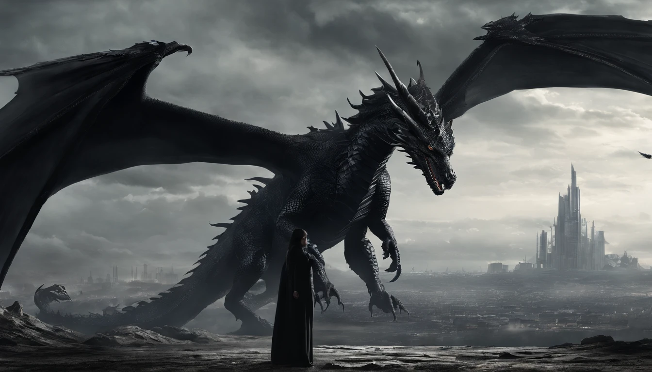 Ruined cities and rich nature,A black dragon with wings stands in the distance,A girl next to the dragon,A light of hope in the distance