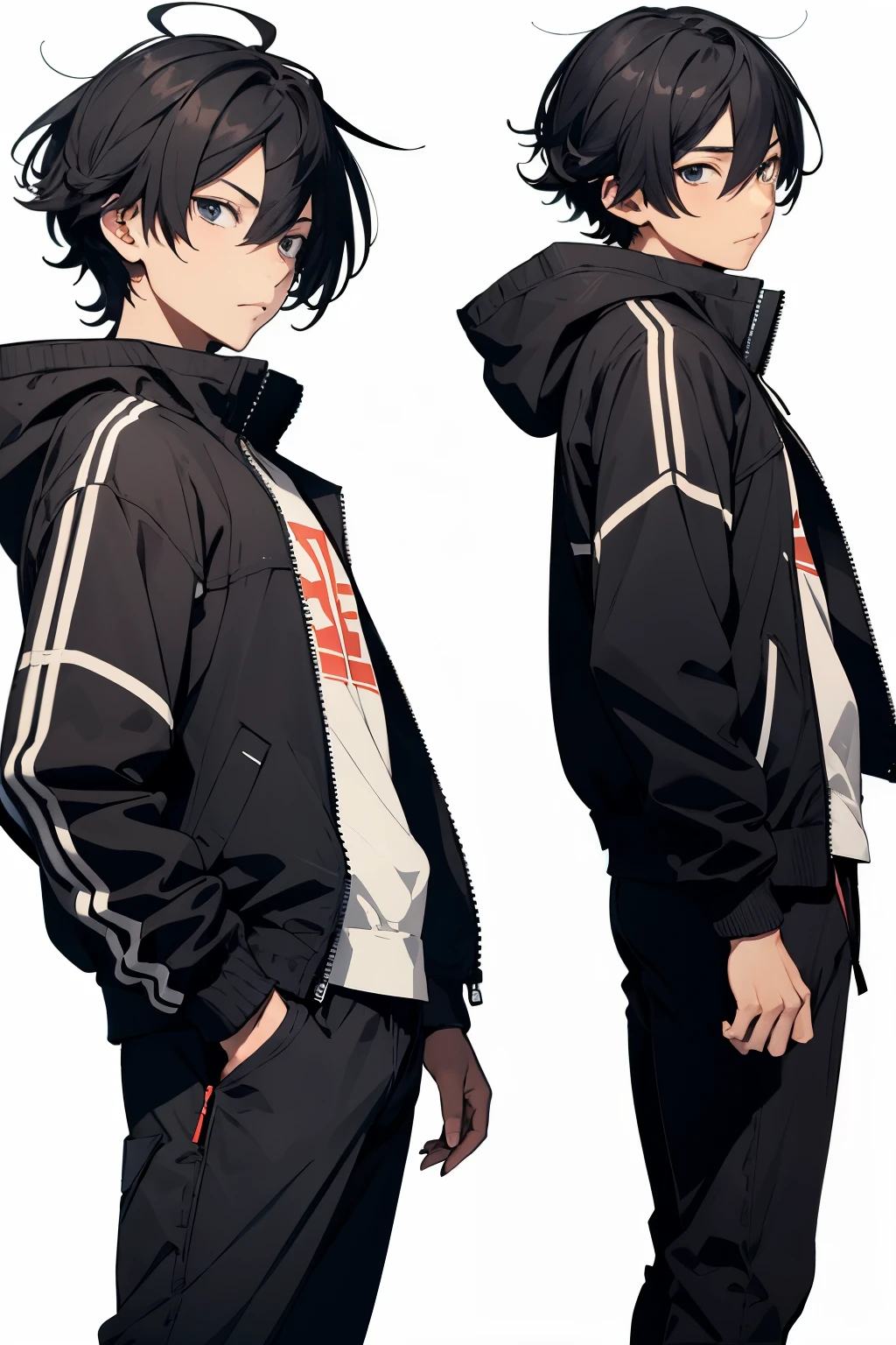 Anime guy with jacket back side view angle looking at camera, simple pose eye level angle