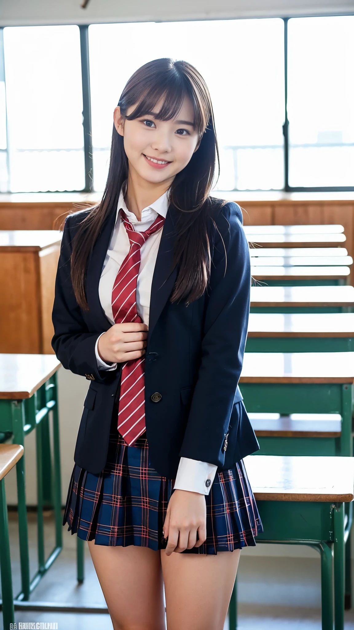 Girl Standing In School Classroom,Red Tie Uniform,Dark Blue Closed Blazer,Blue plaid skirt,18-year-old,bangs,a little smile,thighs,knees,from below,random pose,pretty girl,slender girl,