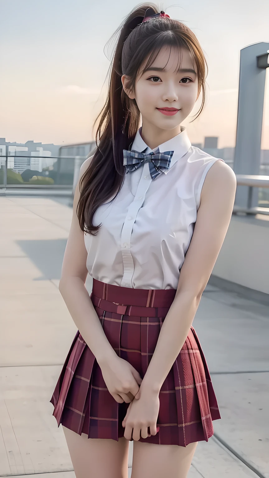 best quality, natural lighting, masterpiece, 1 girl, perfect beautiful face, (photo photo:1.3), edge lighting, photography lighting, (high detail skin:1.2), 8k ultra hd, DSLR, high quality, high resolution, white skin, detailed textured skin, 3/4 body in frame, posing, cute smile face, perfect propotion face, symetric face, eye level shot, 4k, 8k, bokeh, absurd, best ratio four fingers and one thumb, (realistic:1.3), beautiful detailed girl, cute 1girl, dark-brown hair, long hair, ponytail, bangs, volume hairs, collosal-breast, full looking , projecting , slim waist, slender, small thighs, perfectly proportion, school rooftop background, detailed background, school rooftop, chain-link fence, fence, building, school, bench, white shirt, plaid bow tie, plaid skirt, thighs in frame, standing, hands behind back, sleeveless, projecting , sit, side body view