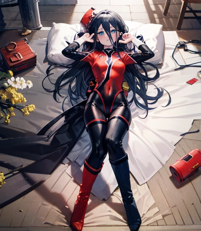 highest quality,sleep on your back in bed，Crab crotch，show me your boots，thigh high boots，leotardチラ見せ，glove，elegant, 1 girl, leotard，body suit，cute, blushed, looking at the viewer, from below, prison，blue eyes, beautiful eyes, beautiful background, particles of light, Light of the sun, dramatic lighting, outside, shiny, realistic, table top, highest quality, Super detailed, get used to it, scenery, beautiful and detailed eyes, thin hair，full body shot，