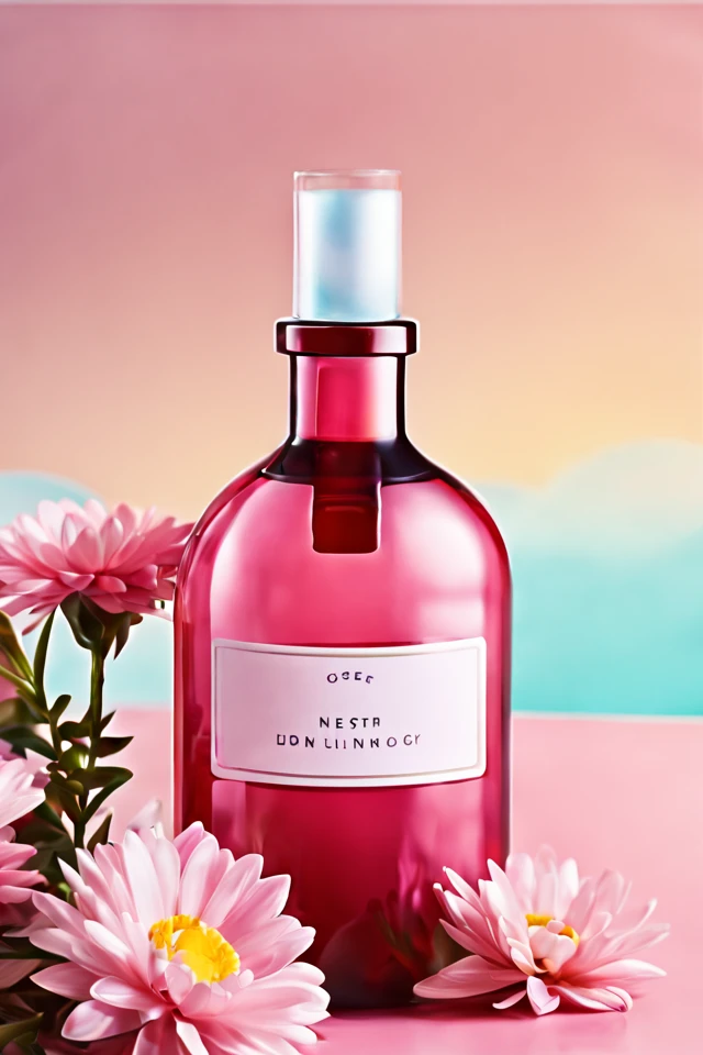 a bottle of liquid sitting next to a bunch of flowers on a table with a sky background and a pink background,productscene