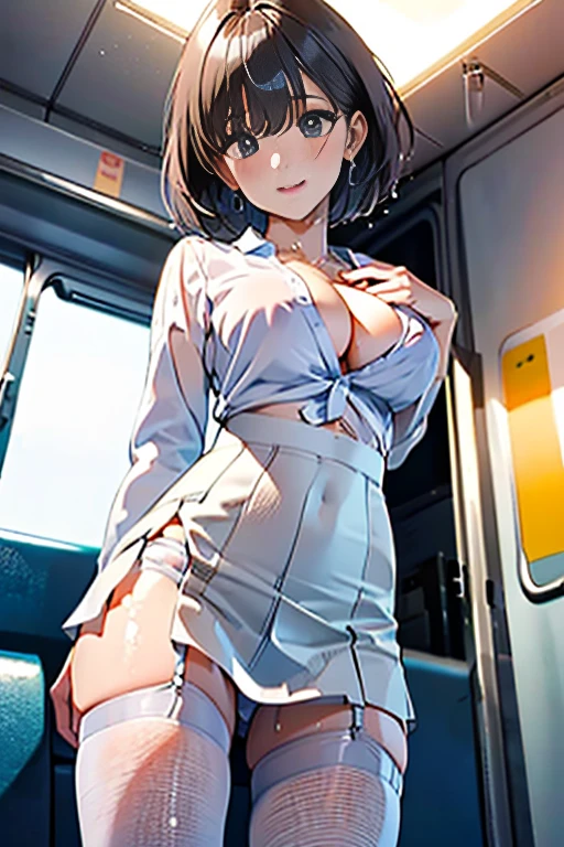 1 beautiful woman, Beautiful Office Lady, slender body, realistic, very detailed CG 統合 8k 壁紙, very detailed, High resolution raw color photos, professional photos, realistic portrait, cinematic light, beautiful details, (beautiful breasts:), (cleavage:1.2), (White shirt with wide open chest:1.5), (extremely short skirts:1.3), pantyhose, panties, squat, indoors, Sales Office, (最high quality:1.4), Super detailed, high quality, table top, (view from below:1.5)、slight smile、short hair、((White wet light underwear))、in the train、