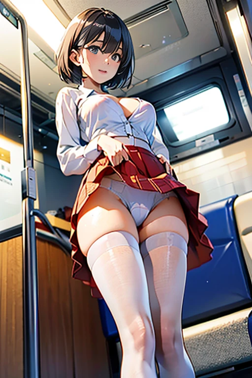 1 beautiful woman, Beautiful Office Lady, slender body, realistic, very detailed CG 統合 8k 壁紙, very detailed, High resolution raw color photos, professional photos, realistic portrait, cinematic light, beautiful details, (beautiful breasts:), (cleavage:1.2), (White shirt with wide open chest:1.5), (extremely short skirts:1.3), pantyhose, panties, squat, indoors, Sales Office, (最high quality:1.4), Super detailed, high quality, table top, (view from below:1.5)、slight smile、short hair、((White wet light underwear))、in the train、