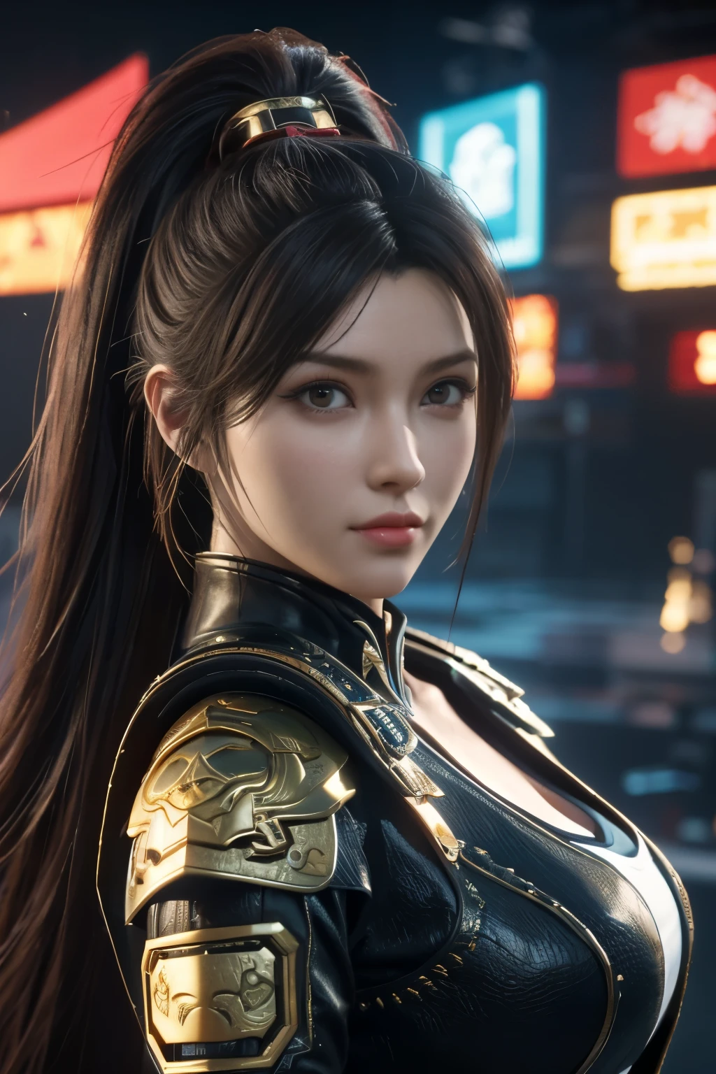 Game art，The best picture quality，Highest resolution，8K，(A bust photograph)，(Portrait)，(Head close-up)，(Rule of thirds)，Unreal Engine 5 rendering works， (The Girl of the Future)，(Female Warrior)， 22岁少女，(Female hackers)，(Rainbow hair，Ancient Oriental hairstyle)，((The pupils of the red eyes:1.3))，(A beautiful eye full of detail)，(Big breasts)，(Eye shadow)，优雅迷人，冷漠，((Anger))，(Cyberpunk jacket full of futuristic look，Joint Armor，There are exquisite Chinese patterns on the clothes，A flash of jewellery)，赛博朋克人物，未来风格， 拍照姿势，城市背景，Movie lights，Ray tracing，Game CG，((3D Unreal Engine))，oc渲染反射纹