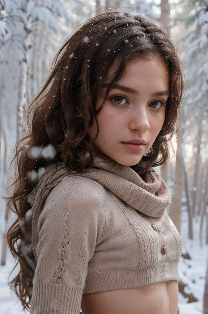 girl with a crop top and a scarf, 20-year-old girl, pretty girl, gorgeous, head shot, stylish hairstyle, brown hair, hair with curly strands, (photo-realistic:1.37), (masterpiece:1.2,sharp focus), (extreme detail), face detail, beautiful eyes, light pink lips,  depth of field, cinematic lighting, ((snow forest in the background))
