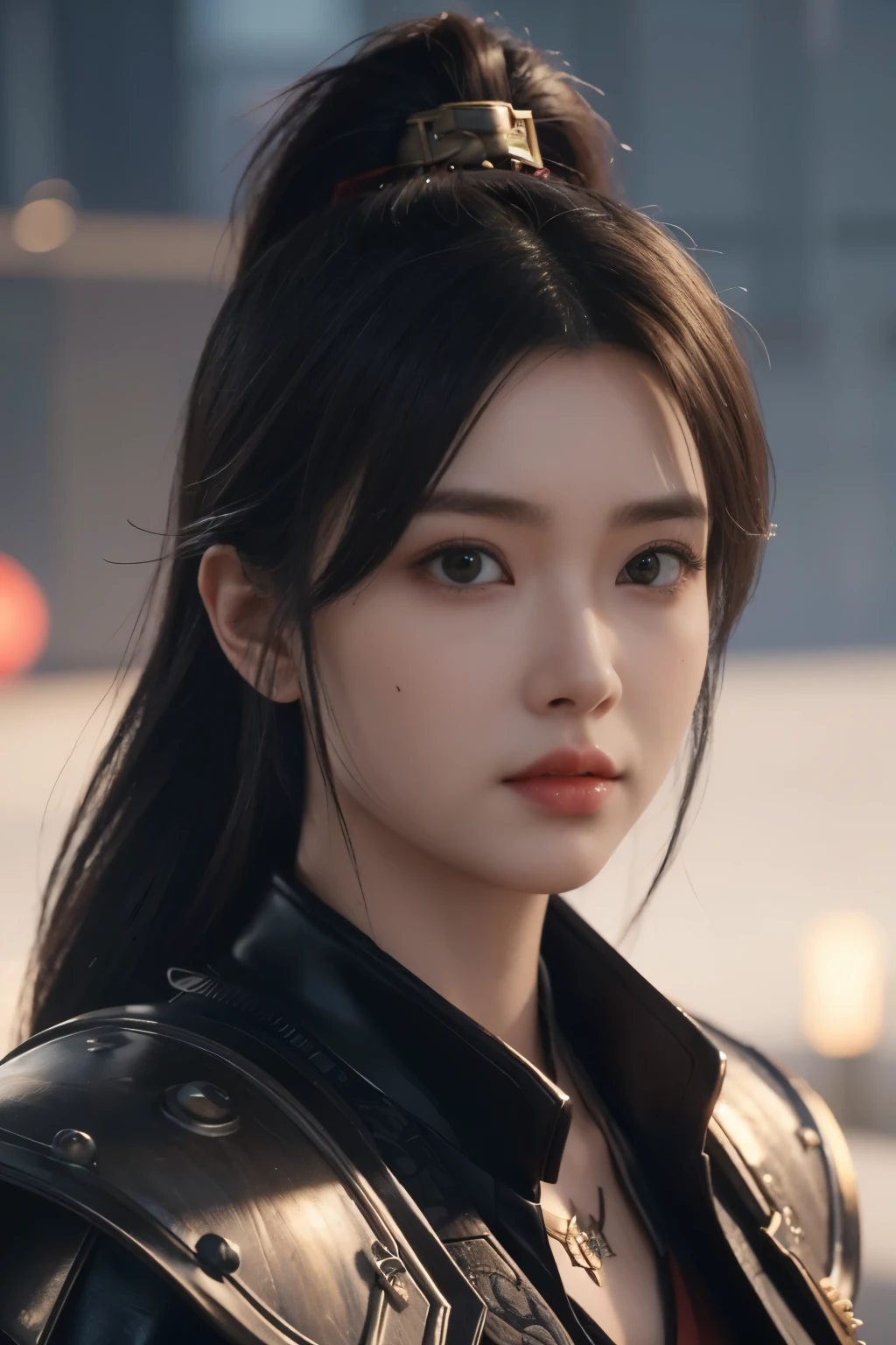 Game art，The best picture quality，Highest resolution，8K，(A bust photograph)，(Portrait)，(Head close-up)，(Rule of thirds)，Unreal Engine 5 rendering works， (The Girl of the Future)，(Female Warrior)， 22岁少女，(Female hackers)，(Rainbow hair，Ancient Oriental hairstyle)，((The pupils of the red eyes:1.3))，(A beautiful eye full of detail)，(Big breasts)，(Eye shadow)，优雅迷人，冷漠，((Anger))，(Cyberpunk jacket full of futuristic look，Joint Armor，There are exquisite Chinese patterns on the clothes，A flash of jewellery)，赛博朋克人物，未来风格， 拍照姿势，城市背景，Movie lights，Ray tracing，Game CG，((3D Unreal Engine))，oc渲染反射纹