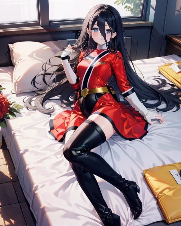 highest quality,sleep on your back in bed，Crab crotch，show me your boots，thigh high boots，leotardチラ見せ，glove，elegant, 1 girl, leotard，body suit，cute, blushed, looking at the viewer, from below, prison，blue eyes, beautiful eyes, beautiful background, particles of light, Light of the sun, dramatic lighting, outside, shiny, realistic, table top, highest quality, Super detailed, get used to it, scenery, beautiful and detailed eyes, thin hair，full body shot，