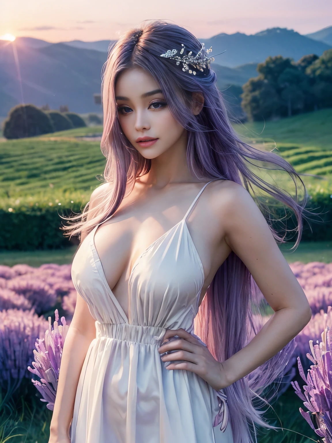 (masterpiece, best quality:1.3)
BGShadowheart, 1girl, solo, realistic, beautiful white dress, long purple hair, lavender field, evening, romantic and enchanting with a soft purple glow during sunset, ethereal, dreamy, backlit, highly detailed