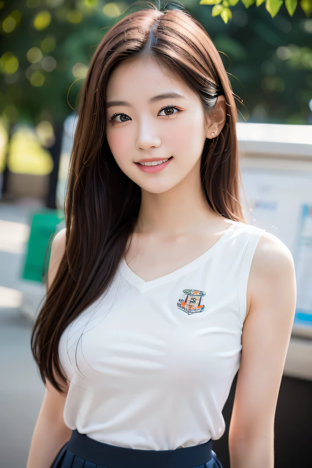 1 girl, Happy, smile, (at the supermarket:1.2), ((school uniform:1.2)), RAW photo, (photorealistic:1.37, realistic), 8k wallpaper that combines high-definition CG, looking at the viewer, (((straight from the front))), (headquarters skin:1.8, shiny skin), 8K UHD, Digital single-lens reflex camera, soft lighting, high quality, film grain, Fujifilm XT3, ((Upper body:1.6)), (professional lighting:1.6)