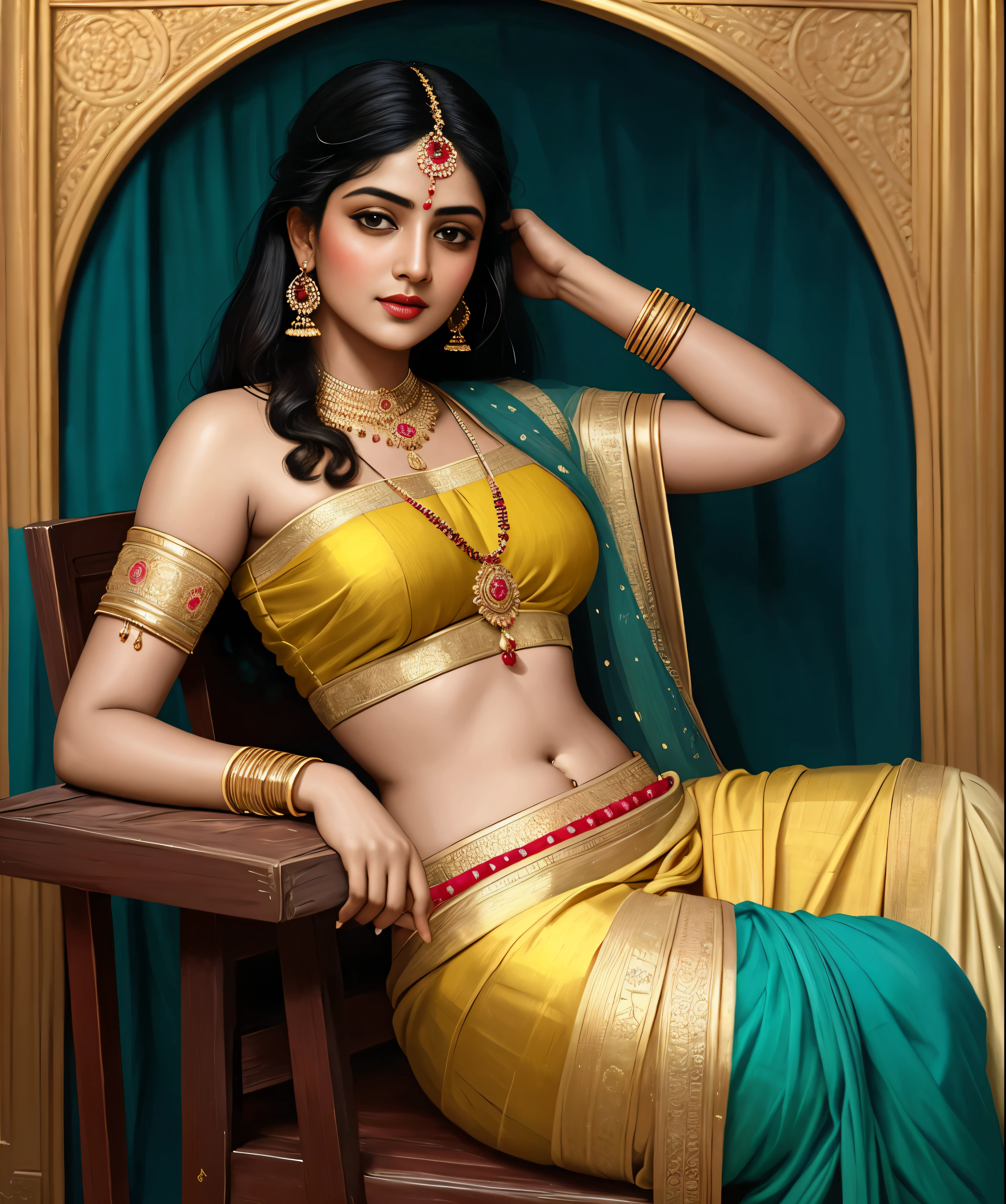 Bathing woman, gorgeous, Masterpiece,8k uhd, hdr, realistic, hyper realistic, intricate, vibrant colour, painting of a woman in a sari sitting on a chair, traditional beauty, inspired by Raja Ravi Varma, indian art, by Raja Ravi Varma, painting of beautiful, inspired by T. K. Padmini, painting of a woman, by Sardar Sobha Singh, gorgeous woman, oil on canvas painting, traditional painting, oil-painting