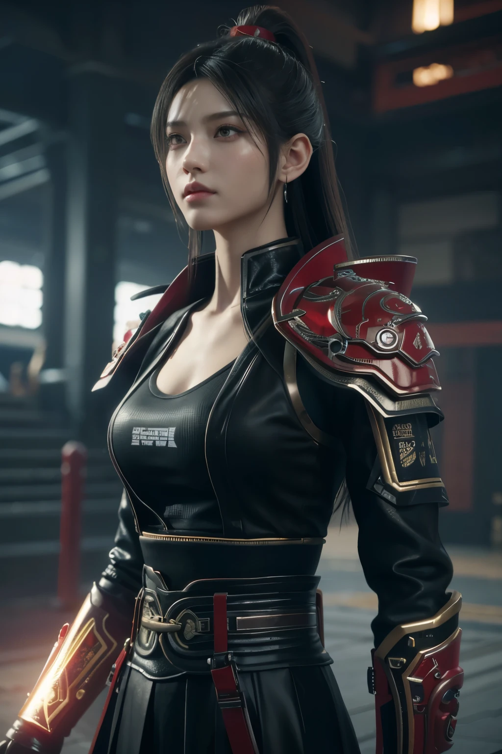 Game art，The best picture quality，Highest resolution，8K，(A bust photograph)，(Portrait)，(Head close-up)，(Rule of thirds)，Unreal Engine 5 rendering works， (The Girl of the Future)，(Female Warrior)， 22岁少女，(Female hackers)，(Rainbow hair，Ancient Oriental hairstyle)，((The pupils of the red eyes:1.3))，(A beautiful eye full of detail)，(Big breasts)，(Eye shadow)，优雅迷人，冷漠，((Anger))，(Cyberpunk jacket full of futuristic look，Joint Armor，There are exquisite Chinese patterns on the clothes，A flash of jewellery)，赛博朋克人物，未来风格， 拍照姿势，城市背景，Movie lights，Ray tracing，Game CG，((3D Unreal Engine))，oc渲染反射纹